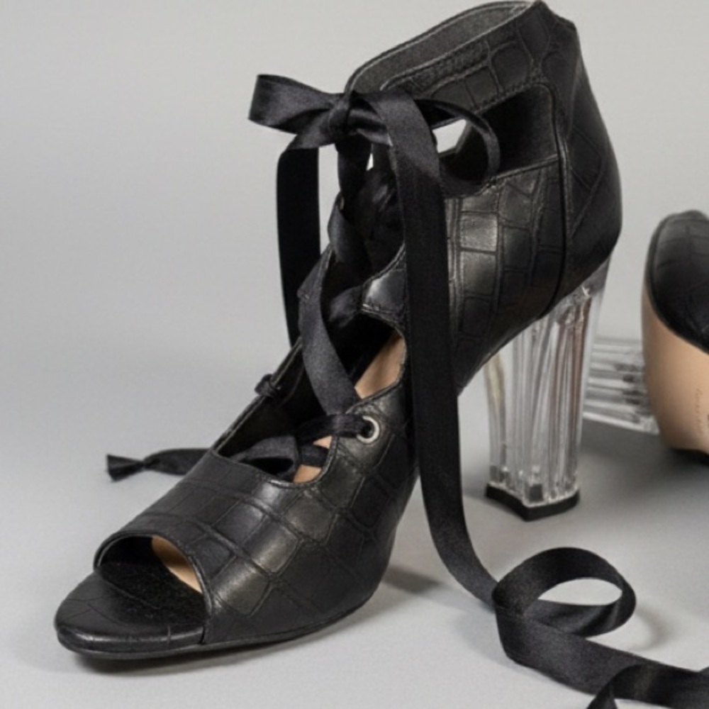 Chic Black Lace-Up Heels with Transparent Block Heel